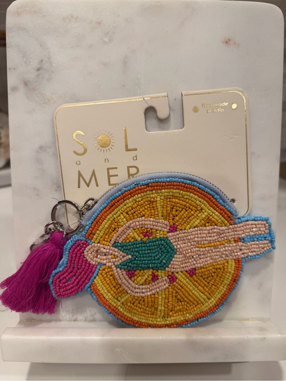 NEW Beaded Sol & Mer Coin Key Holder with Pink Tassel floating orange swimmer